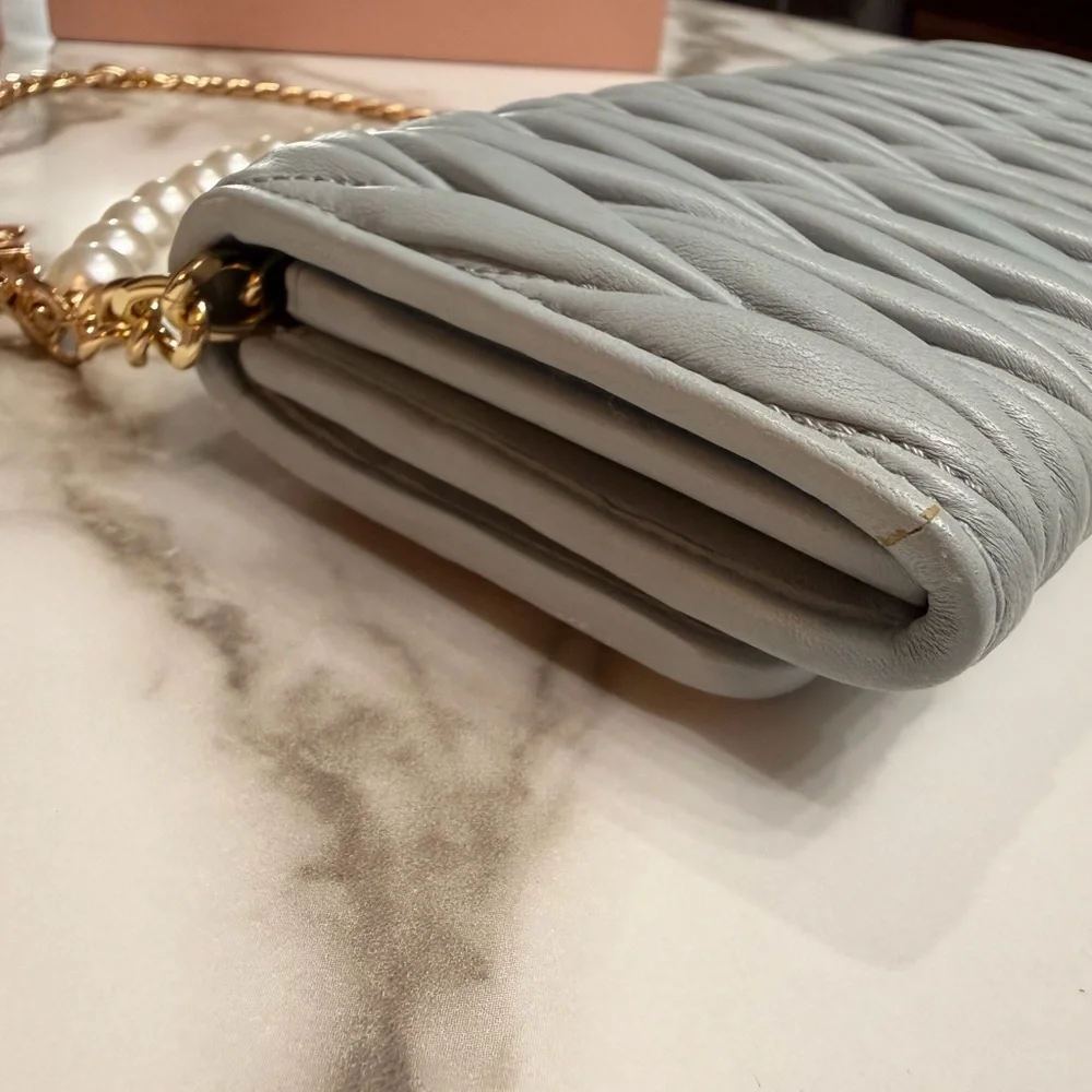 Miu Miu Matelasse Bifold Long Wallet Logo Leather Cielo Blue